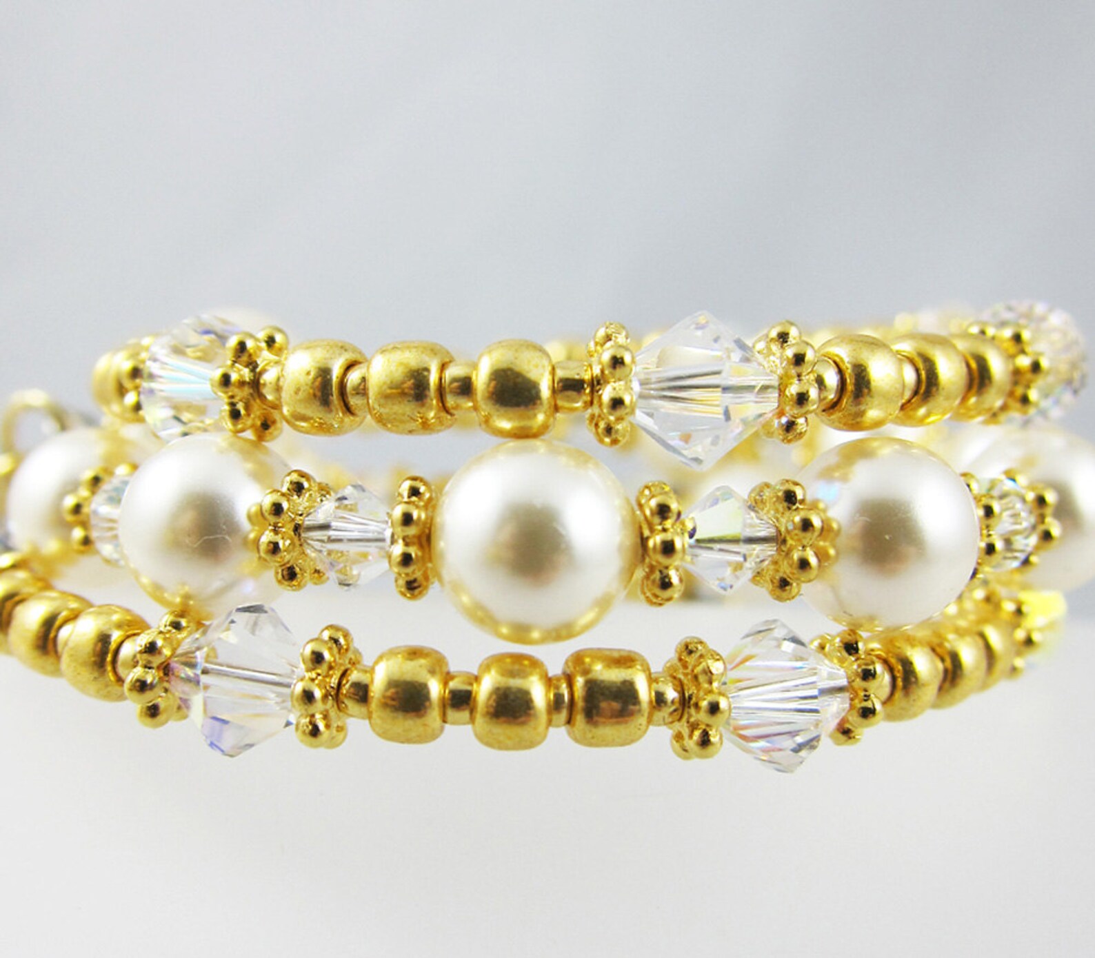 Golden Bead Rosary Wrap Bracelet With Faux Pearls and Fleur Cross