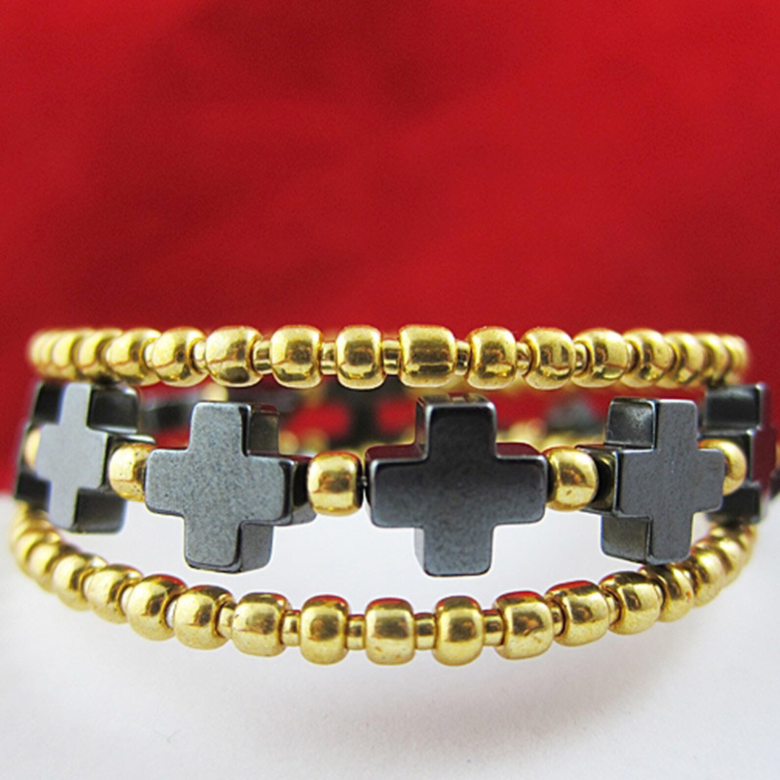 Golden Bead Wrap Bracelet With Hematite Crosses and Celtic Etsy