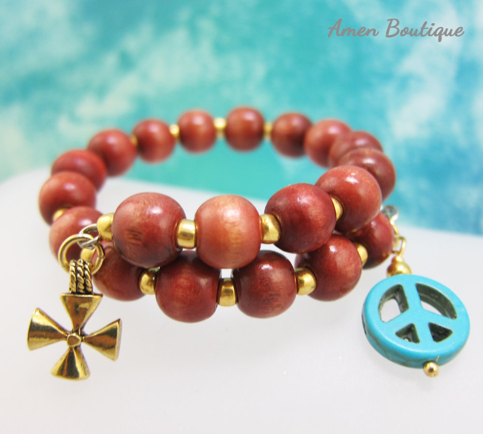 Peace Symbol With Wood Beads Christian Wrap Bracelet With Gold Etsy