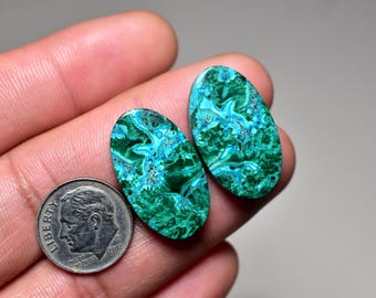 Chrysocolla Malachite Cabochon Pair, Natural Gemstone (25x15x4mm)