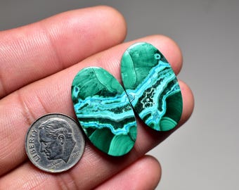 Chrysocolla Malachite Cabochon Pair, Natural Gemstone (28x16x4mm)
