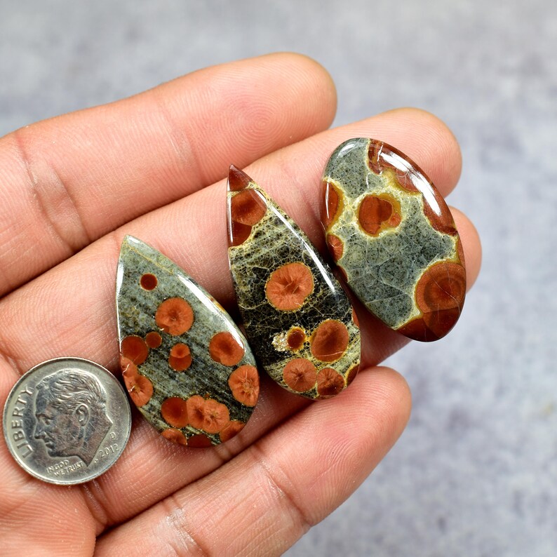 May include: Three polished gemstones with a unique pattern of red-orange spots on a gray and black background. The stones are teardrop and oval shaped. A US dime is included for size reference.