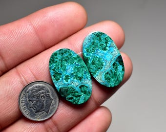 Chrysocolla Malachite Cabochon Pair, Natural Gemstone (26x16x4mm)