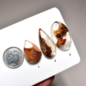 Pode incluir: Três pedras preciosas polidas em forma de lágrima com corpos de quartzo claro e translúcido contendo inclusões de depósitos minerais laranja, castanhos e dourados. Uma moeda de dez centavos dos EUA está ao lado, numerada 1, 2 e 3.