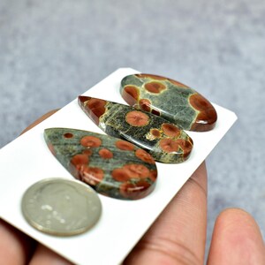 May include: Three polished gemstones with a mix of gray, brown, and red hues. The stones have a teardrop and oval shape. The gemstones are displayed on a white surface next to a coin.