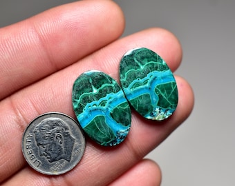 Chrysocolla Malachite Cabochon Pair, Natural Gemstone (22x15x4mm)