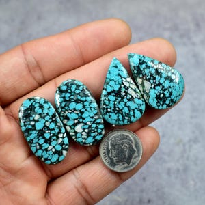 Puede incluir: Cuatro piedras preciosas turquesas con patrones de matriz negros y blancos. Las piedras tienen varias formas, incluyendo ovaladas y en forma de l&aacute;grima. Se incluye una moneda para comparar el tama&ntilde;o. Las piedras preciosas se sostienen en una mano.