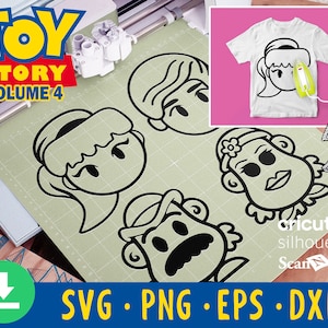 Op de afbeelding: Een digitaal ontwerp met vier zwart-witte gezichten van personages uit Toy Story Volume 4. Het ontwerp bevat SVG-, PNG-, EPS- en DXF-bestandsformaten. Er wordt ook een mockup van een wit T-shirt met een gezicht van een personage getoond.