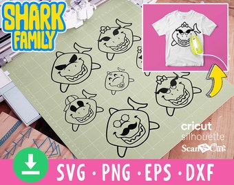 Conjunto de recortes em SVG de família de tubarões para Cricut, Silhouette e ScanNCut (Download digital)