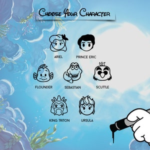 May include: Illustration featuring characters from The Little Mermaid, including Ariel, Prince Eric, Flounder, Sebastian, Scuttle, King Triton, and Ursula. The phrase "Choose Your Character" is at the top. A gloved hand holds a pen, adding ink to the image.
