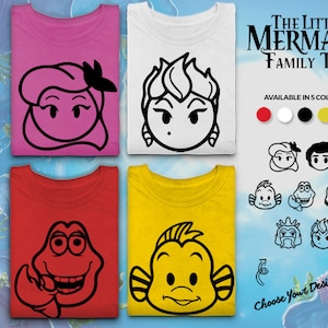 May include: Four t-shirts in pink, white, red, and yellow, each featuring a black cartoon character face from The Little Mermaid. The text "The Little Mermaid Family Tees" is displayed above the shirts, with design options.