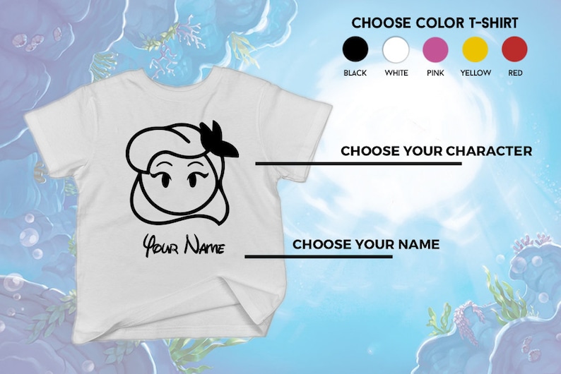 May include: White t-shirt featuring a black cartoon illustration of a character's face with a bow. The text "Your Name" is below the illustration. The image includes options to choose the t-shirt color and character.