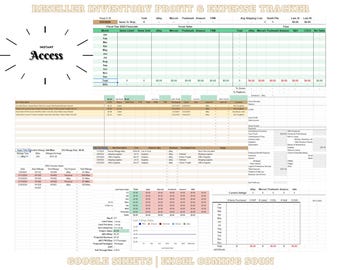 May include: A spreadsheet with a green, yellow, and red color scheme. The spreadsheet is titled "Reseller Inventory Profit & Expense Tracker". The spreadsheet includes columns for month, total sales, eBay sales, and Amazon sales. The spreadsheet also includes a section for "Last 7 Days Sales" and a section for "Current Listings".