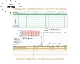 May include: A green and white spreadsheet with the title "Reseller Inventory & Profit Tracker". The spreadsheet is divided into sections for tracking sales, inventory, and profit. The spreadsheet is designed to be used with Google Sheets and Excel.