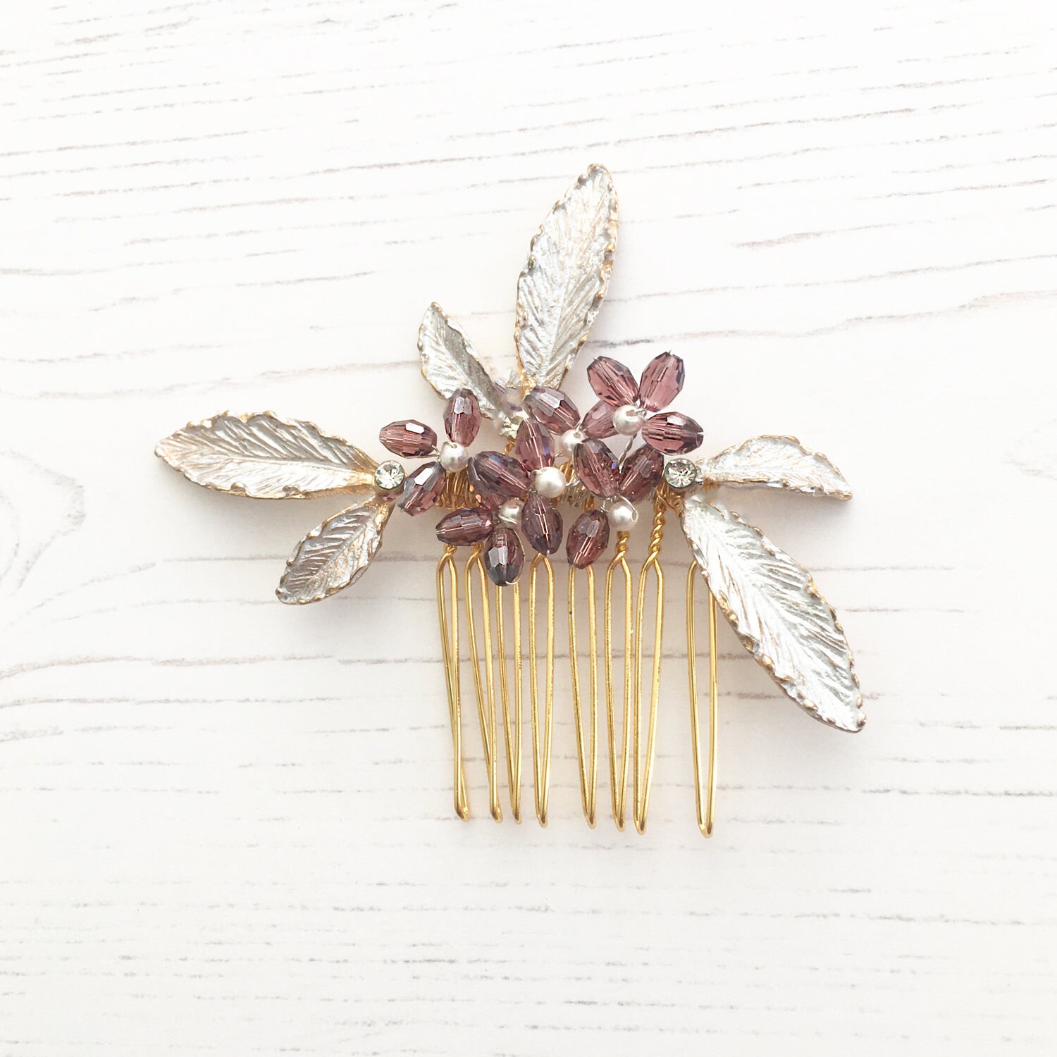 Bridal Comb and Pin Set: Swarovski Crystal Purple Leaf Hair 