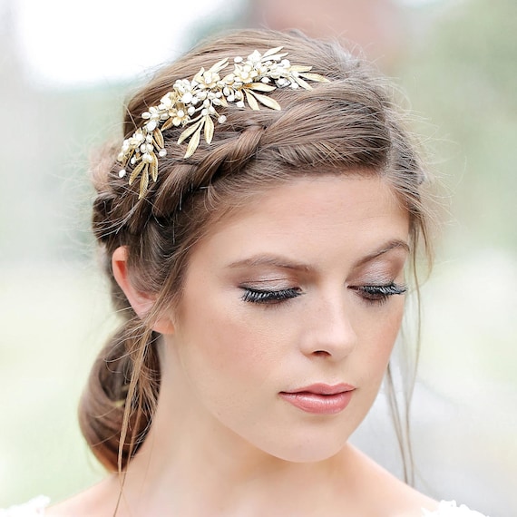 Gold Bridal Hair Vine, Opal & Pearl Wedding Headdress - Etsy display picture 1