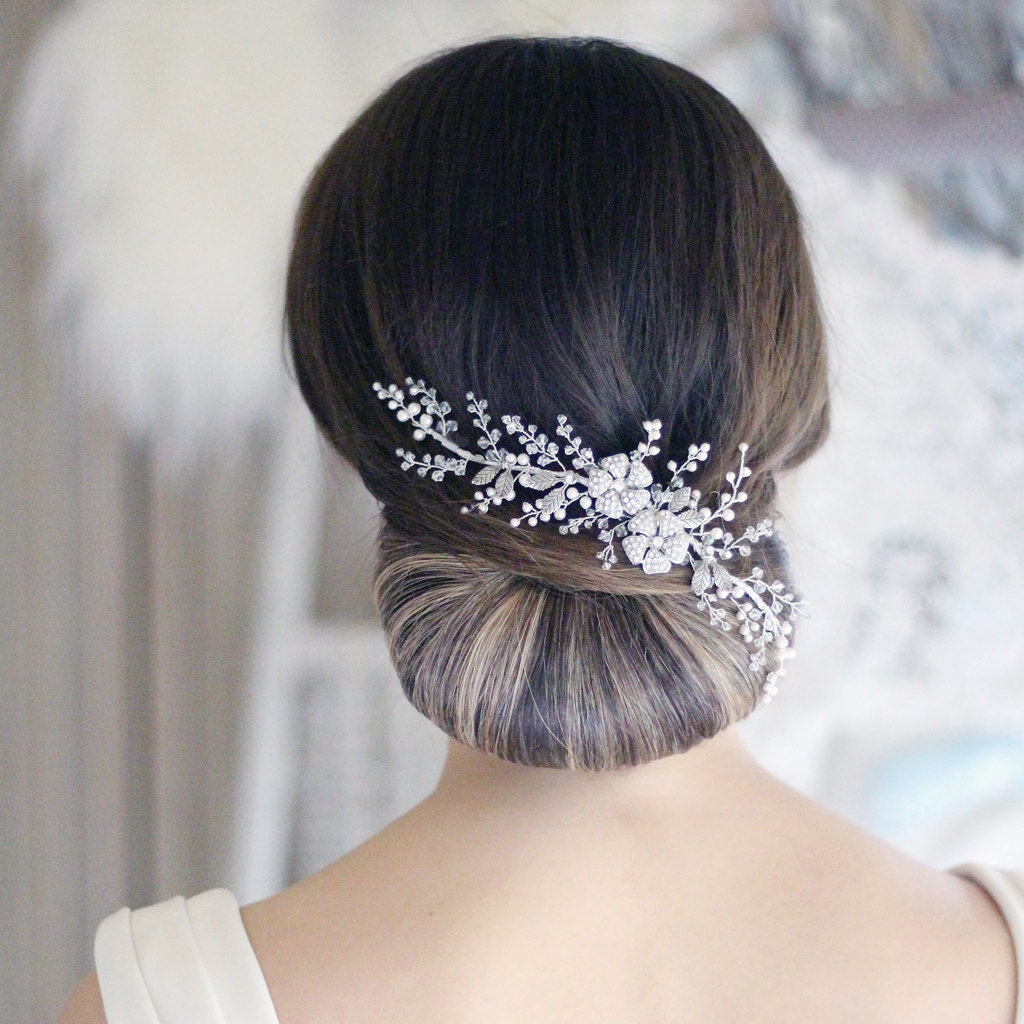 Swarovski Crystal Pearl Wedding Hair Vine: Silver Floral  display picture 3