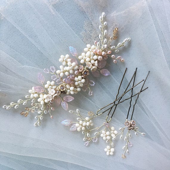 Floral Bridal Hair Pins: Swarovski Crystal Pearl Wedding  display picture 1