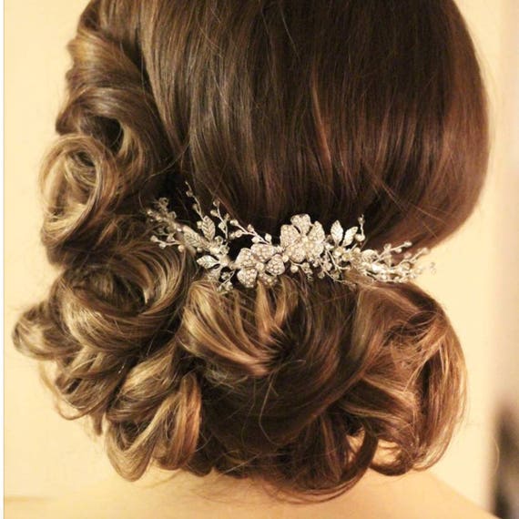 Swarovski Crystal Pearl Wedding Hair Vine: Silver Floral  display picture 2