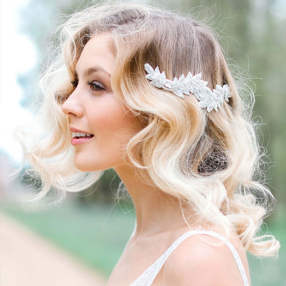 Bridal Hair Vine: Silver Leaf, Crystal & Pearl Wedding Comb  display picture 2