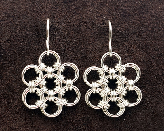Artisan Chainmail Earrings in Hana Gusari Pattern - Handmade Japanese Armor Inspired Jewelry