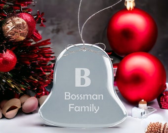 Bell Ornament, Engraved Ornament with Silver String, Custom Ornament for Holiday Home Decor, Clear Glass Ornament, Ornament Gift