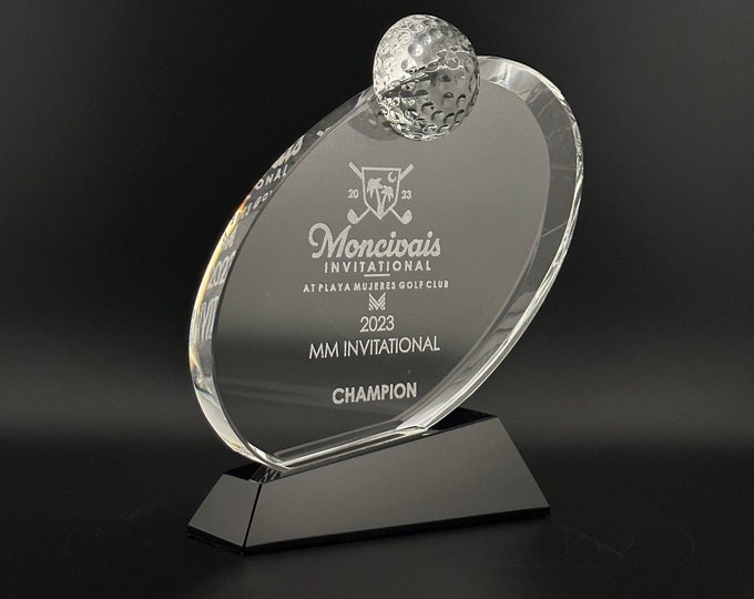 Golf Trophy, Etched Glass Golf Championship Trophy, Personalized Name Award, Black Crystal Base Trophy, Golf Ball Display Engraved Trophy