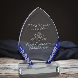 Blue Diamond Edge Glass Award - Custom Etched Blue Glass Trophy - Personalized Blue Glass Plaque