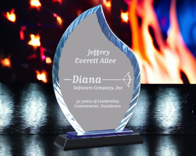 Flame Accent Glass on Blue & Black Base -  Personalized Corporate Awards - Retirement Award - End of the Year Awards - Business Logo Award