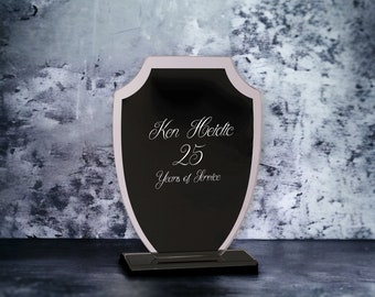 Engraved Black Shield Glass Award Recognition Award Custom Engraved Economy Award Trophy, Logo Corporate/Sales Award, Etched Year End Award