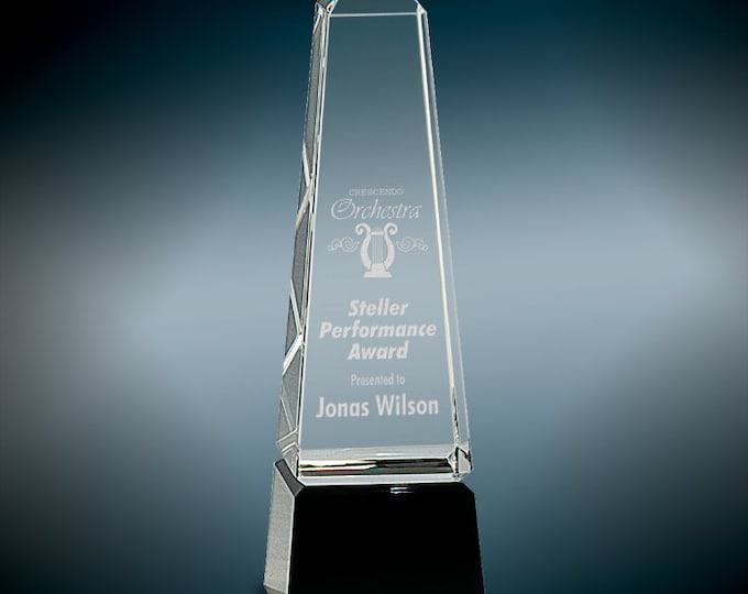 Obelisk Crystal on Black Pedestal Base-Etched Award- Business Logo Trophy-Corporate-Personalized Crystal Trophy