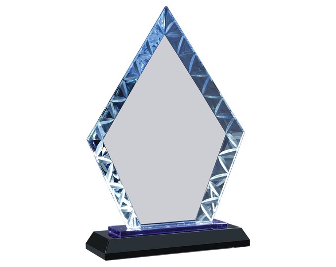 Diamond Accent Glass on Blue & Black Base - Diamond Recognition Trophy - Etched Sales Team Trophies - Point Glass Award - Retirement Award