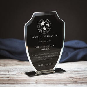 Black Shield Glass Award with Personalized Reflection Trophy and Elegant Glass Shield Plaque