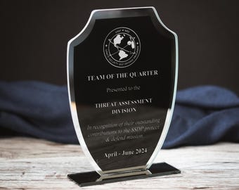 Personalized Black Glass Shield Award: Elegant Achievement Trophy