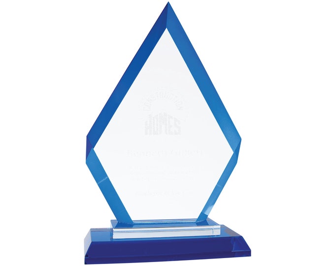 Diamond Blue Regal Glass Award recognition employee award business logo trophy custom engraved staff award retirement award deep etched