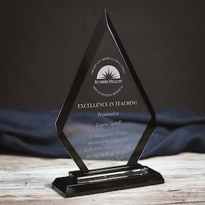 Black Regal Diamond Glass Trophy | Personalized Black Glass Award | Elegant Diamond Shape Glass Plaque