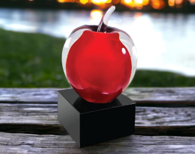 Etched Glass Award, Red Glass Apple Trophy, Personalized Name Award, Black Base Teacher Appreciation, Engraving Years of Service Award