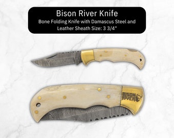 Bone Folder Knife, Damascus Steel Knife, Folding Knife With Leather Sheath, Wood Handle Camp Knife, Skinning Knife