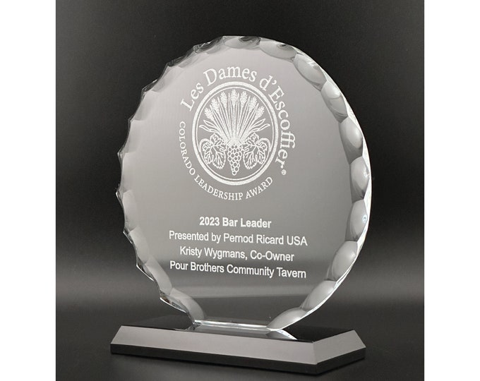 Etched Round Facet Glass Award Gift - Personalized Annual Round Glass Awards on Black Base - Retirement Glass Award Gift - Salesman Awards