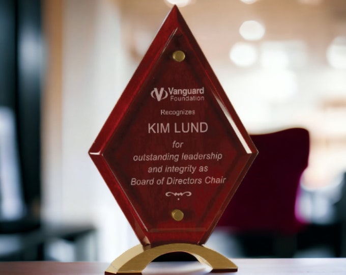 Company Logo Glass Trophy, Wood Base Appreciation Awards, Personalized Diamond Rosewood Award, Years of Service Engraved Award