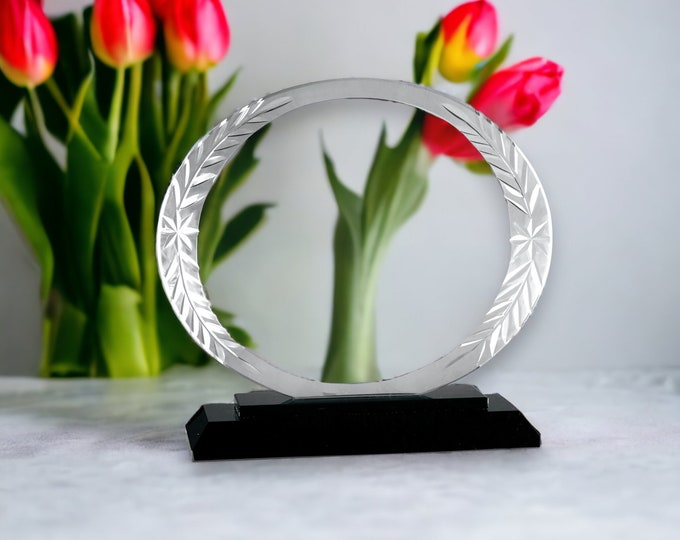 Etched Oval Glass Award Gift - Personalized Annual Round Glass Awards on Black Base - Etched Retirement Glass Award Gift - Salesman Awards