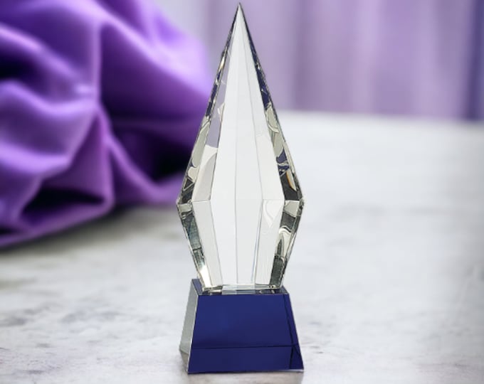 Obelisk Crystal Tower, Energy Healing Crystal, Personalized Crystal Trophy With Blue Base, Appreciation Awards, Crystal Lover Gift