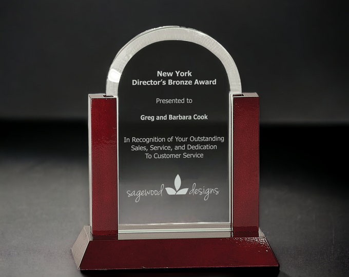 Dome Glass Award, Engraved Clear Glass Trophy, Personalized Name Award, Wood Base Appreciation Awards, Service Award