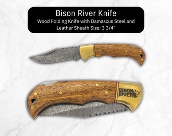 Wood Folding Knife, Damascus Steel Knife, Engraving Folding Knife, Camp Hunter Knife, Leather Pouch For Knife