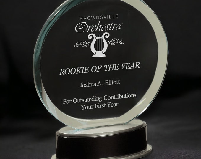 Round Glass Award, Engraved Clear Glass Trophy, Company Logo Crystal Award, Personalized Name Award, Years of Service Award
