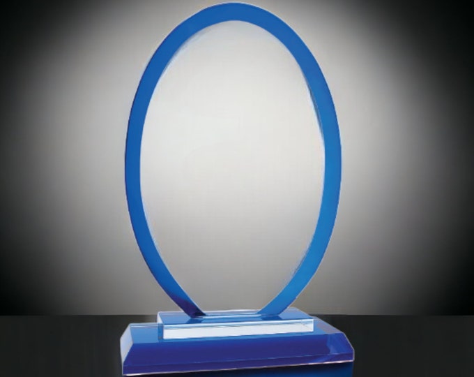 Oval Blue Regal Glass Award recognition employee award business logo trophies custom engraved staff award retirement award deep etched award