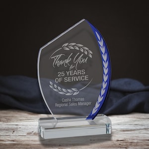Personalized Engraved Award, Blue Slant Oval Edge Glass Award, Custom Glass Trophy, Personalized Blue Glass Plaque, Appreciation Award