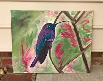 Violet Sabrewing Hummingbird, 16x20 original oil painting, hummingbird art, bird watchers, wildlife,, wall art, home decor, abstract, colors