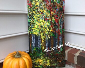 Fall,Alone; Original Acrylic abstract painting on canvas, 12x24", fall foliage, peak, autumn colors, woods, forest, leaves turning, falling