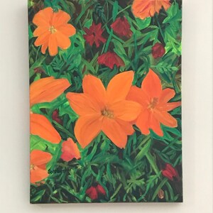 Wild Flowers, Close up, Gift, Oil on Canvas, 12x16, Orange, Red &Green, Wall Art, Flower Painting, Nature. 16x12